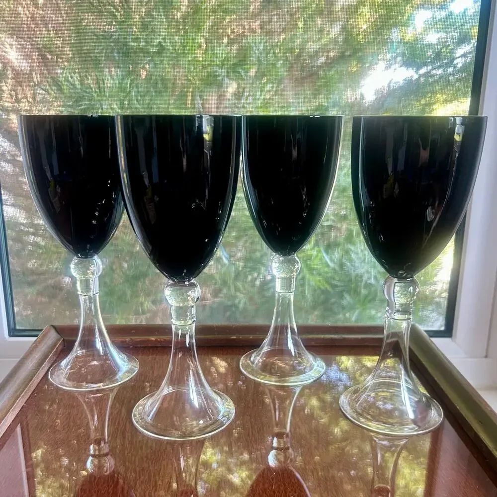 Set of 4 Pier 1 Imports Vintage Dante Black Wine Glasses Water Goblets